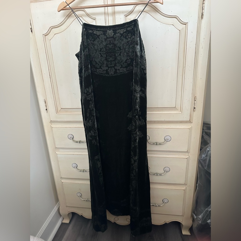 Anthropologie Dark green Velvet Maxi Dress with Floral Pattern